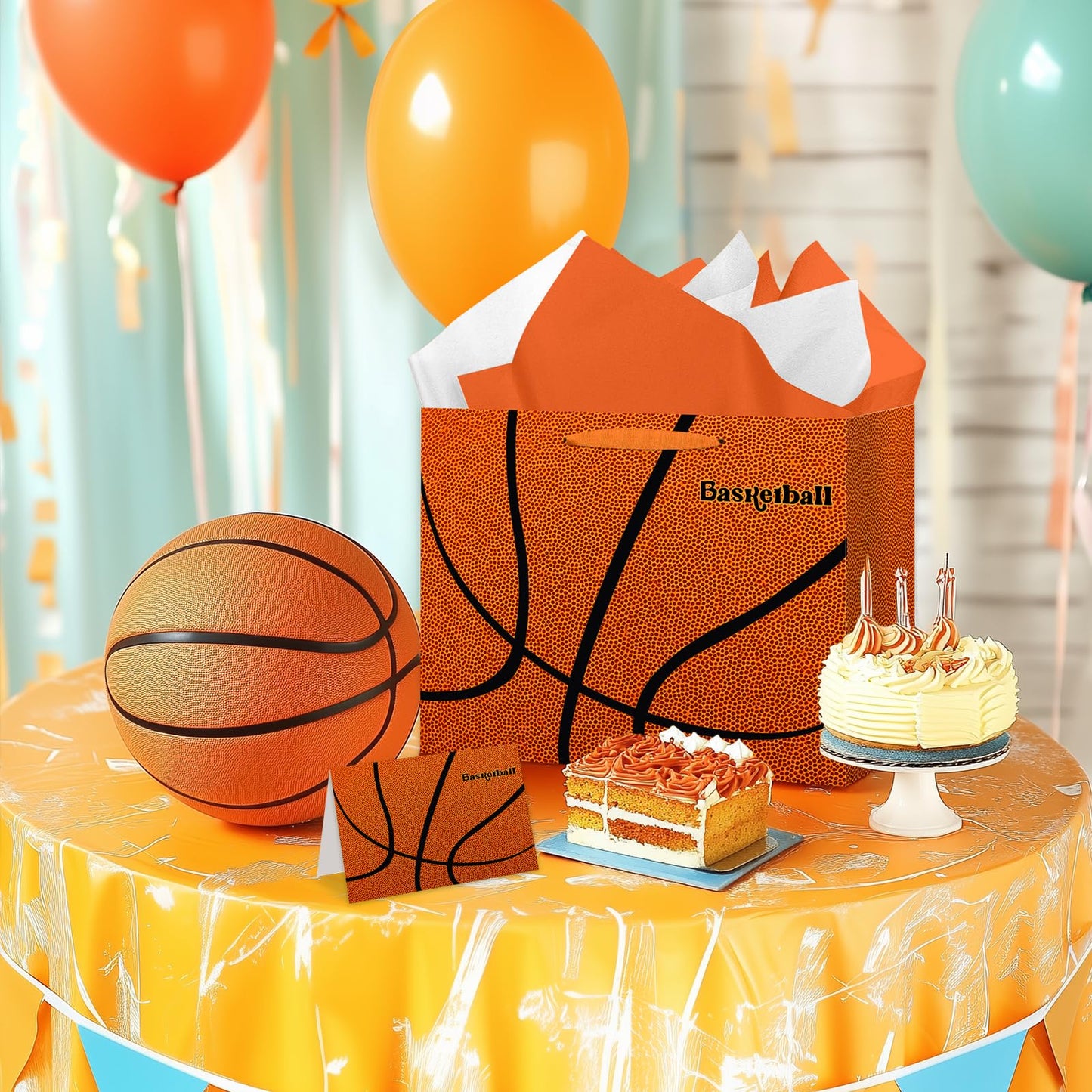 Jiaoiudi Basketball Gift Bags with Tissue Paper Greeting Card Basketball Party Bags Large with Handles Basketball Goodie Bags