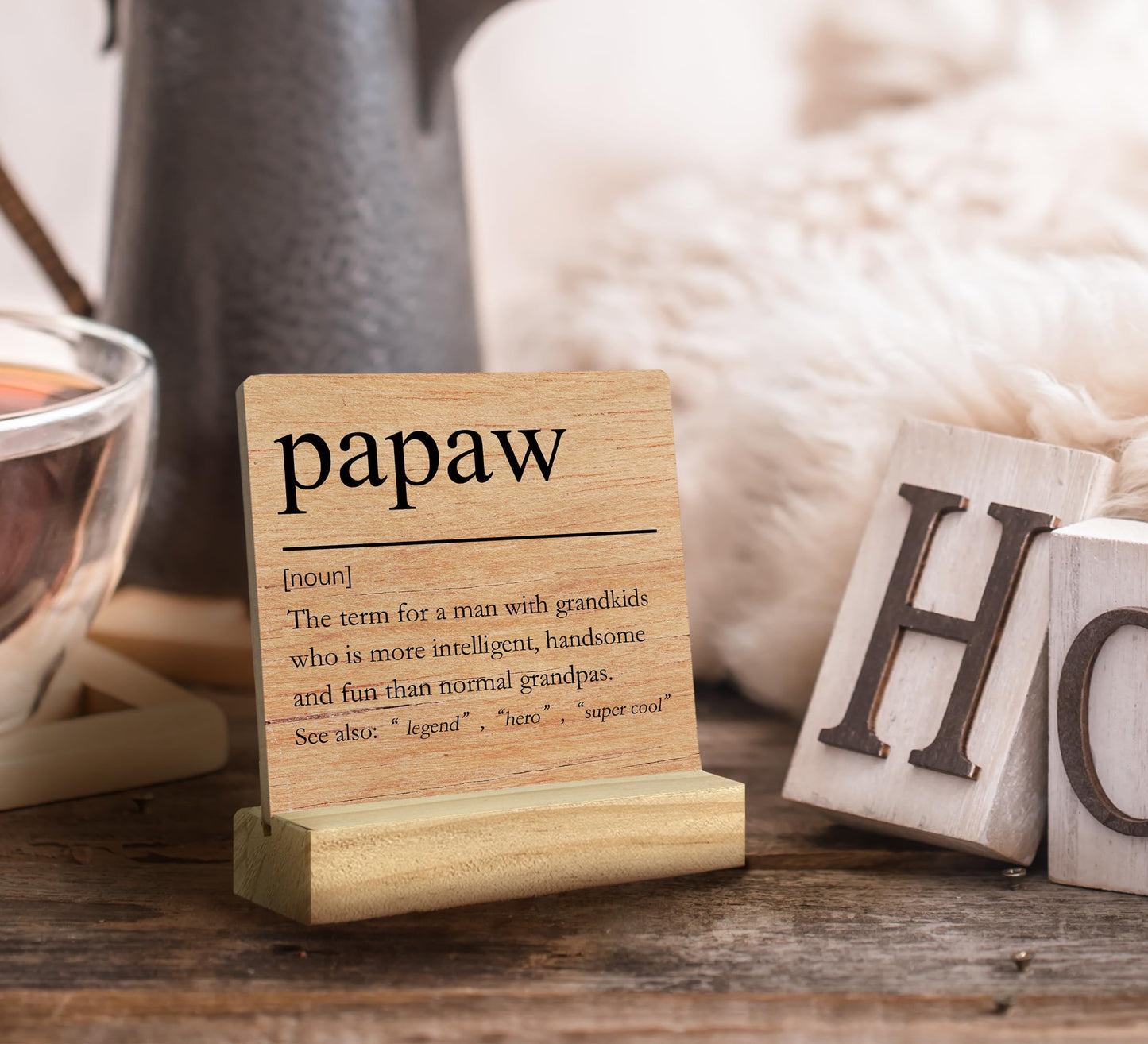 QASHWEY Papaw Gifts Desk Decor, Gifts for Papaws Grandpa, Papaws Gift for Grandpa Fathers Day, Grandpa Papa Gift Wood Table Signs, Papaw Definition Wooden Plaque with Wooden Stand for Room Home