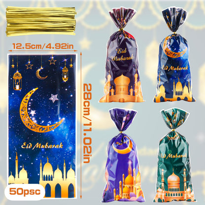 LERCTH 50 PCS Ramadan Eid Mubarak Gift Bags with Gold Twist Ties - 4.9x10.7 Inch Metallic Foil Treat Bags, Moon Star Design Party Favor Bags for Islamic Holiday Celebrations