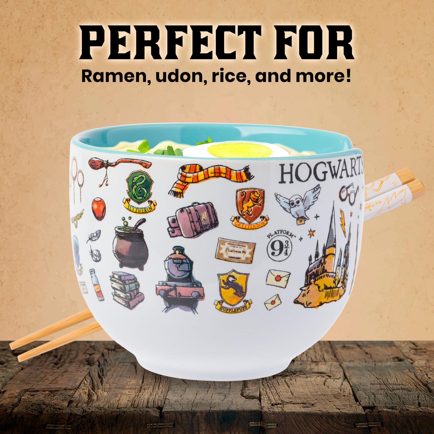 Silver Buffalo Harry Potter Icons Ceramic Ramen Noodle Rice Bowl with Chopsticks, Microwave Safe, 20 Ounces