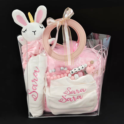 Personalized Newborn Baby Gift Sets, Customized Essential Stuff for Newborn Girl, Custom Embroidered Baby Blanket Onesie Hat Beanie Pacifier Clip Security Blanket with Name
