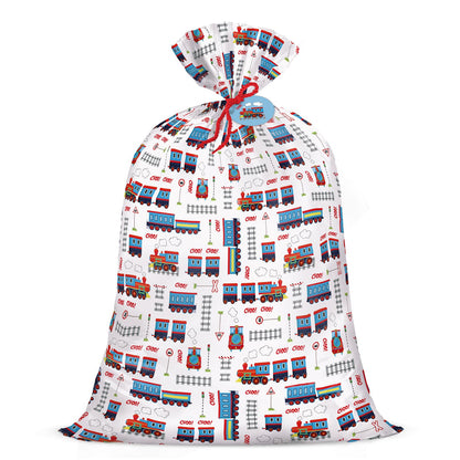 WRAPAHOLIC 56" Extra Large Train Birthday Plastic Gift Bag - Vintage Trains Tracks Jumbo Bike Bag Gift Wrap for Kids Boys Girls Birthday, Baby Shower - 56" H x 36" W