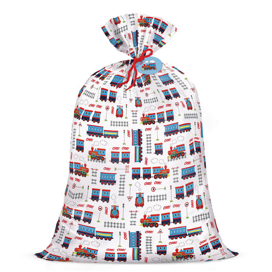 WRAPAHOLIC 56" Extra Large Train Birthday Plastic Gift Bag - Vintage Trains Tracks Jumbo Bike Bag Gift Wrap for Kids Boys Girls Birthday, Baby Shower - 56" H x 36" W