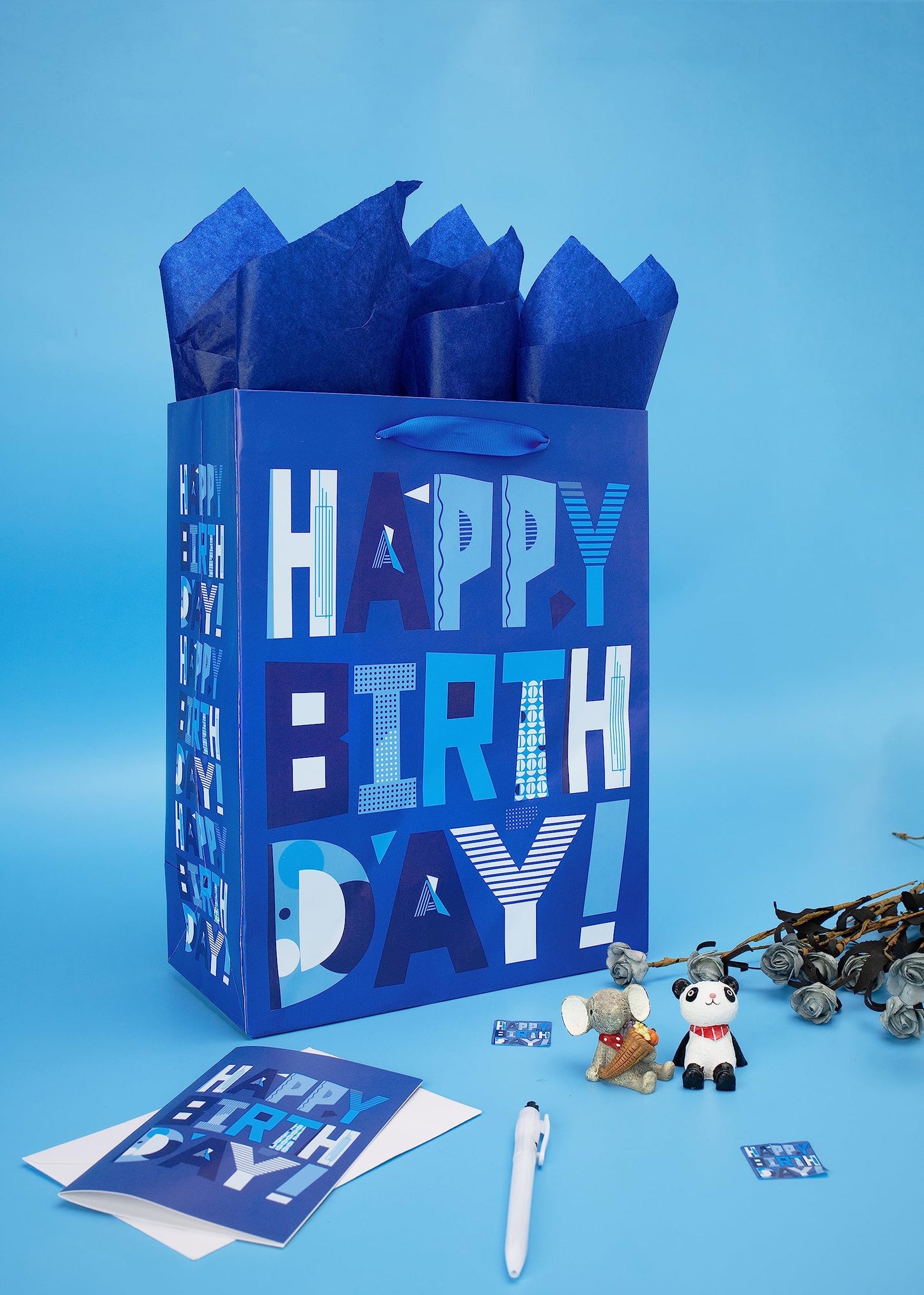 wishinside 13" Large Blue Gift Bags Set with Greeting Card and Tissue Papers (Blue Happy Birthday) for Men's Birthday Party, Father, Grandpa, Kids' Parties, Baby Boy - 13”x10.2”x5.2”, 1 Pcs