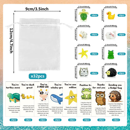 32 Set Employee Appreciation Gift Bulk 32 PCS Cards Organza Bags Funny Resin Animal Figures Hedgehog Cow Owl Duck Turtle Starfish Frog Whale for Coworkers Staff Office Favors 96 PCS