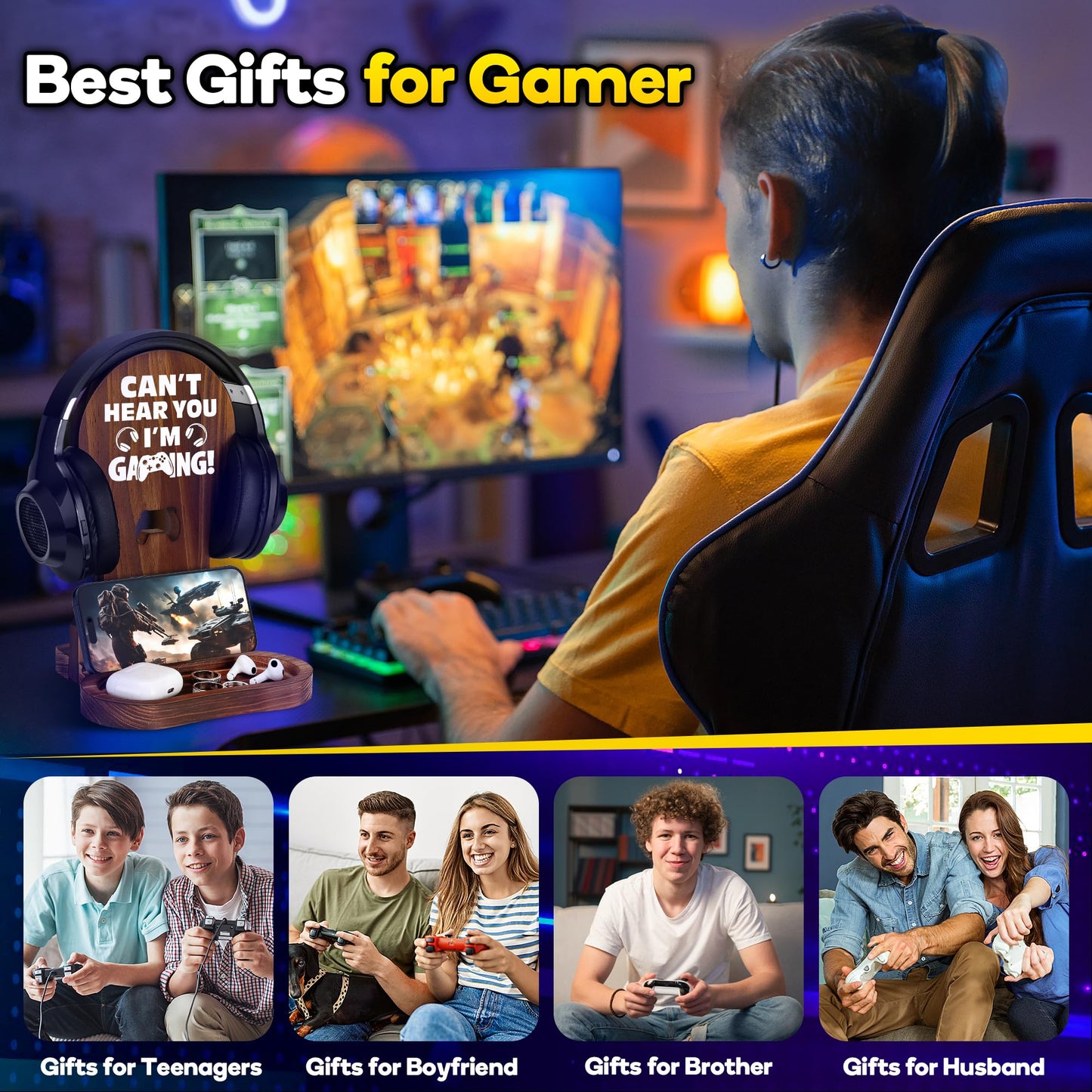 Slothoem-Gamer Gifts for Boy Girl Graduation Birthday, Gamer Room Decor for Brother, Gaming Gifts for Daddy,Boyfriend, Son, Husband, 2026 Graduation Gift, Gamer Room Accessories, Wooden Headset Stand