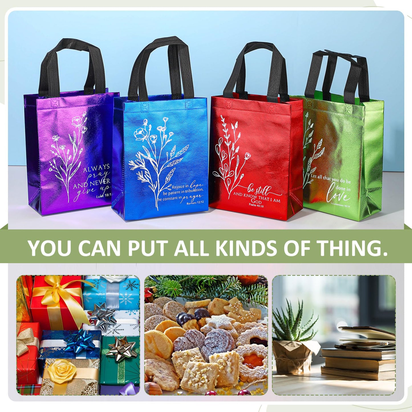 Sweetude 20 Pcs Christian Gift Bag Bulk, Reusable Church Welcome Totes with Handles, Medium Non Woven Floral Bible Verse Bag for Father's Day, Sunday School, VBS, Religious Event Favor (Multicolor)