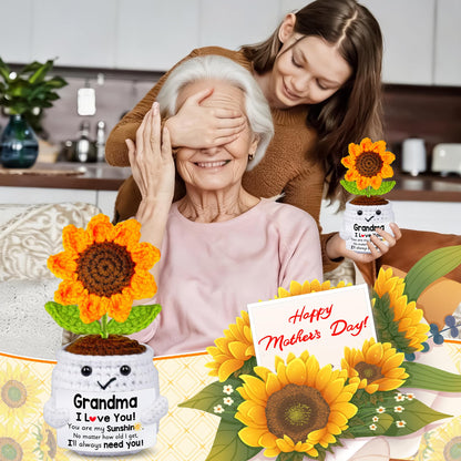 Qunland Mothers Day Birthday Gifts for Grandma, Grandma Gifts from Grandkids, Mother's Day Birthday Gift for Nana Grandmother GaGa, Handmade Crochet Mini Sunflower Pot Doll I Love You for Gigi