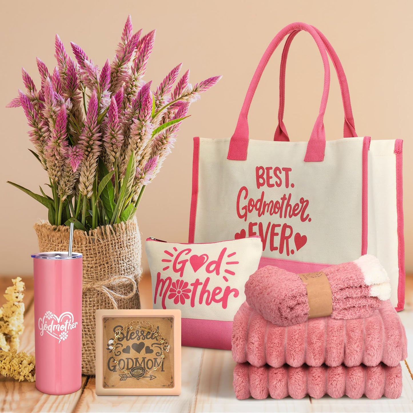 Geiserailie 6 Pcs Godmother Proposal Gift Set Will You Be My Godmother Gift Idea God Mother Gifts for Women Stainless Steel Tumbler Godmom Bag Makeup Bag Blanket Bracelet Socks(Pink)