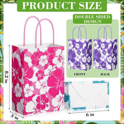 Teling 24 Pcs Hibiscus Party Favor Hawaiian Themed Paper Bags with Handles Summer Tropical Gift Tiki Luau Treat Hawaii Goodie Bags Kids Birthday Party Supplies Multicolor 8.3 x 6 x 3