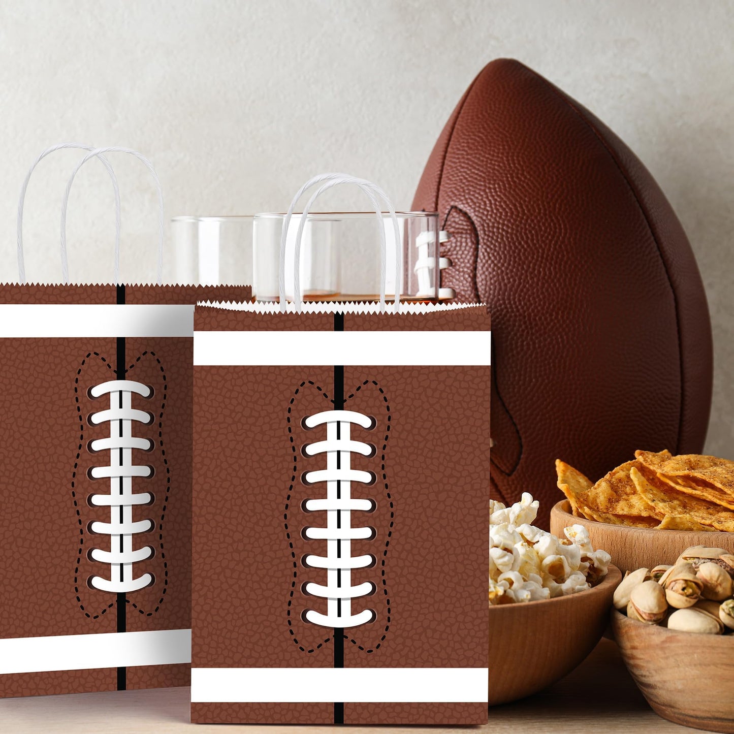 16 Pack Football Party Favor Bags with Handles Paper Treat Goodie Bags with Tissue Paper Reusable Football Theme Gift Bags for Birthday Party Supplies Sports Game Decorations