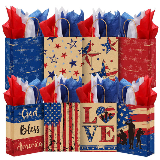 PerKoop 32 Pcs 250th Anniversary Bags Patriotic Gift Bags with Handles American Flag 4th of July Favor with Tissue Paper Vintage Patriotic Decoration for Independence Day Memorial Day Party Supplies