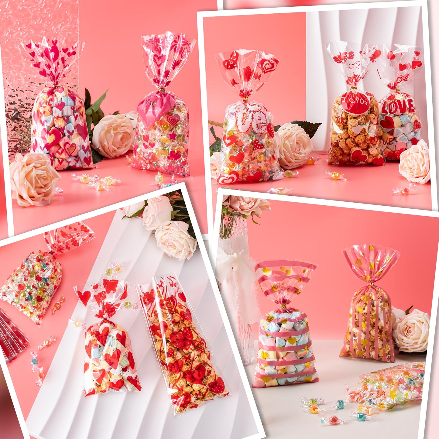 Aegero Valentines Cellophane Bags 120pcs Valentines Candy Bags with 140pcs Twists for Valentine's Candy Cookie Goodie Snack Bag for Valentines Day Wedding Party Favor Supplies,Classroom Parties Valentine02-Red Heart