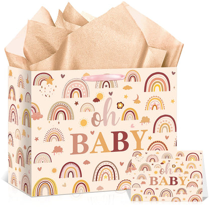 Woosytoo Boho Rainbow Baby Gift Bag for Girls, Hippie Boho Baby Shower Wrapping Paper Bag with Tissue Paper and Card for Little One Congratulations Gifts Gender Reveal Newborn Party Favors