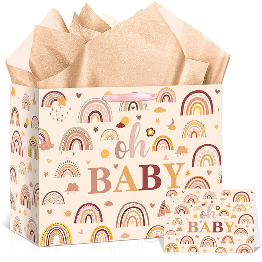 Woosytoo Boho Rainbow Baby Gift Bag for Girls, Hippie Boho Baby Shower Wrapping Paper Bag with Tissue Paper and Card for Little One Congratulations Gifts Gender Reveal Newborn Party Favors