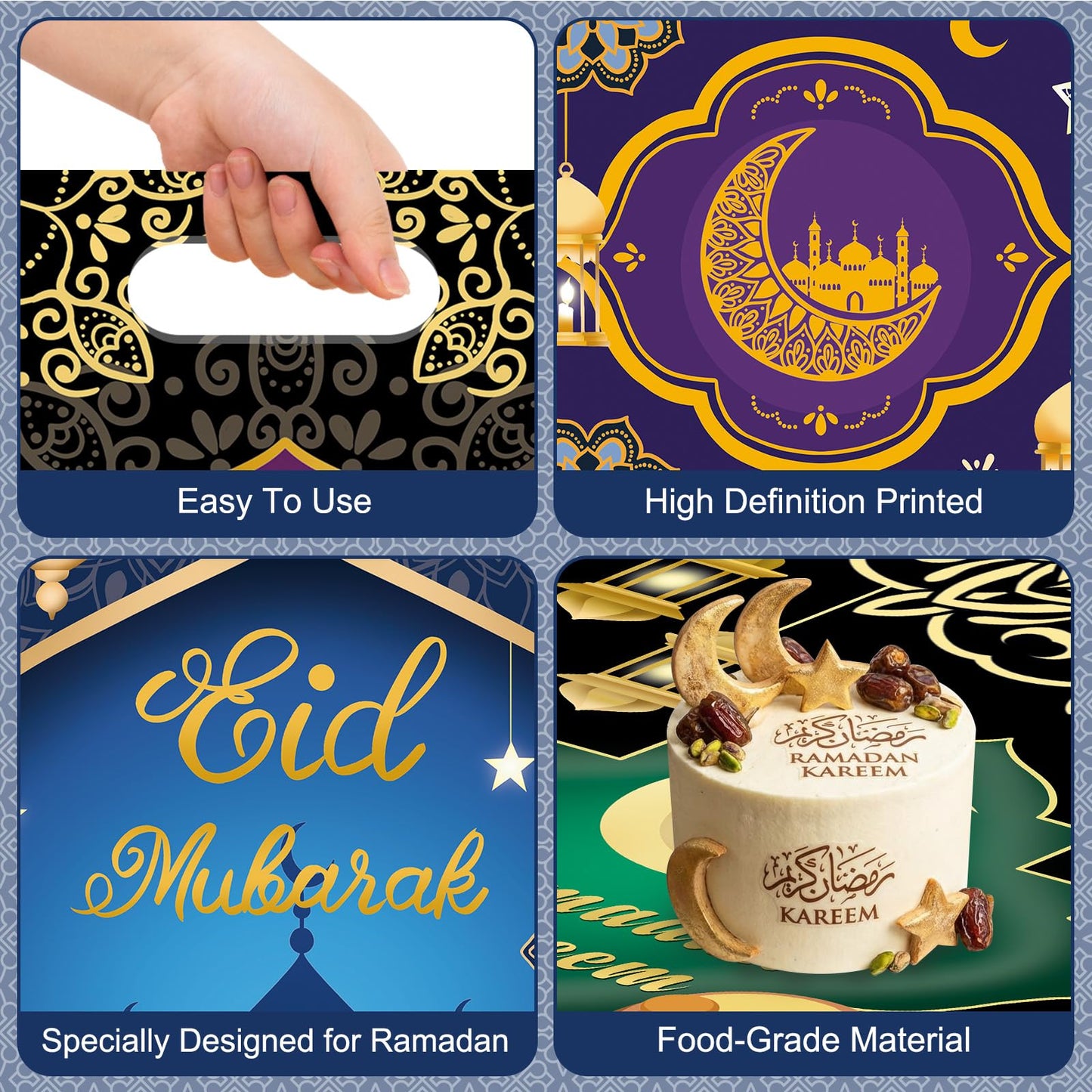 50 Pcs Ramadan Gift Bags with Handles - Eid Mubarak Goodie Bag, Ramadan Kareem Plastic Goody Candy Cookie Snack Treat Party Favor Bags Bulk for Islamic Muslim Eid Mubarak Party Supplies Favors,4 Style
