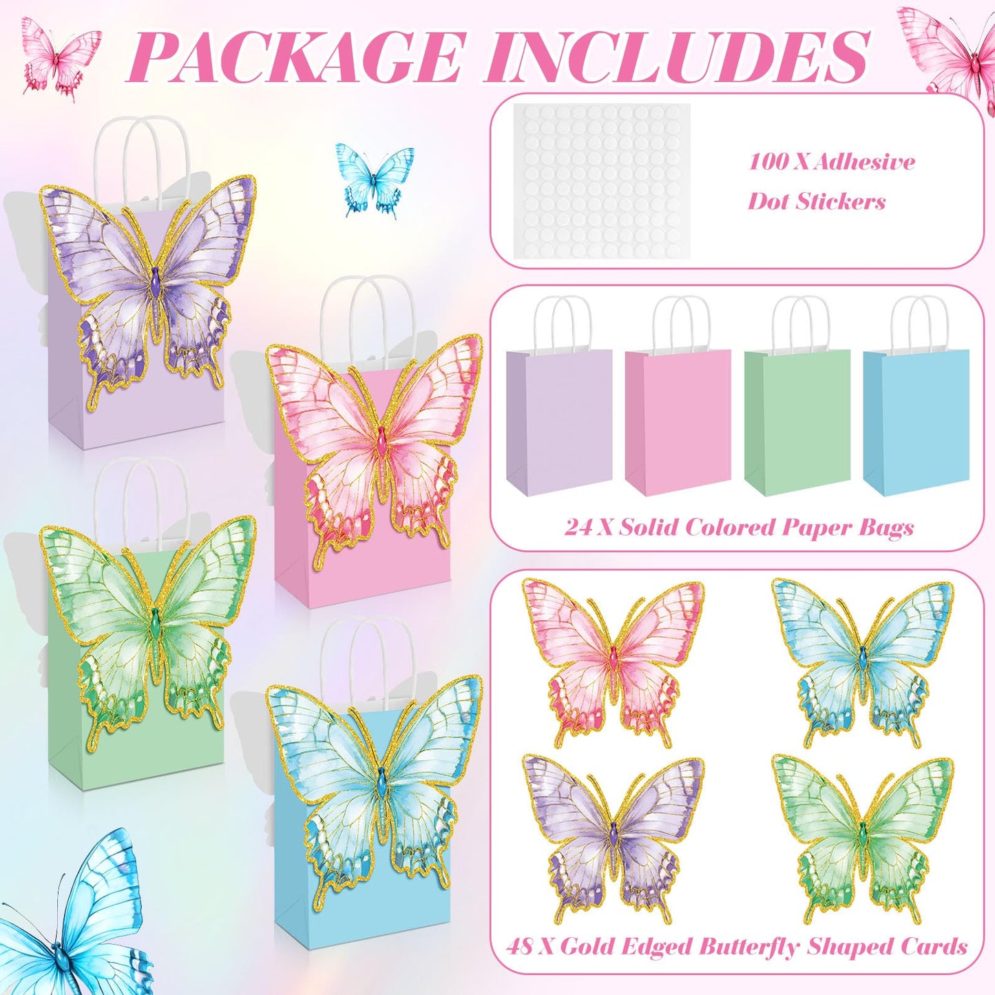 Booson 24 PCS Butterfly Paper Party Bags with Twisted Handles Blue Pink Purple Green Party Favor Bag with Adhesive Dots Paper Treat Candy Goodie Bags for Birthday Bridal Showers Decoration Supplies
