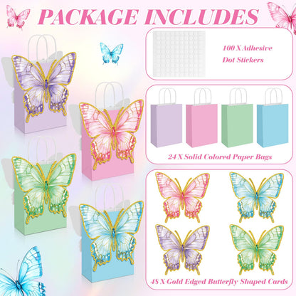 Booson 24 PCS Butterfly Paper Party Bags with Twisted Handles Blue Pink Purple Green Party Favor Bag with Adhesive Dots Paper Treat Candy Goodie Bags for Birthday Bridal Showers Decoration Supplies