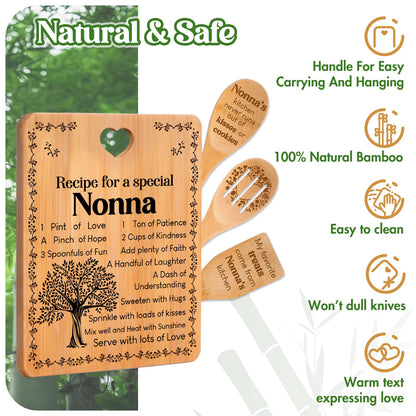 Nonna Gifts - "Recipe for a Special Nonna" Gifts for Nonna Cutting Board Set, Bamboo-Made Engraved Utensil Set Nonna Gifts for Grandma Cutting Board, Mothers Day Gifts for Nonna.