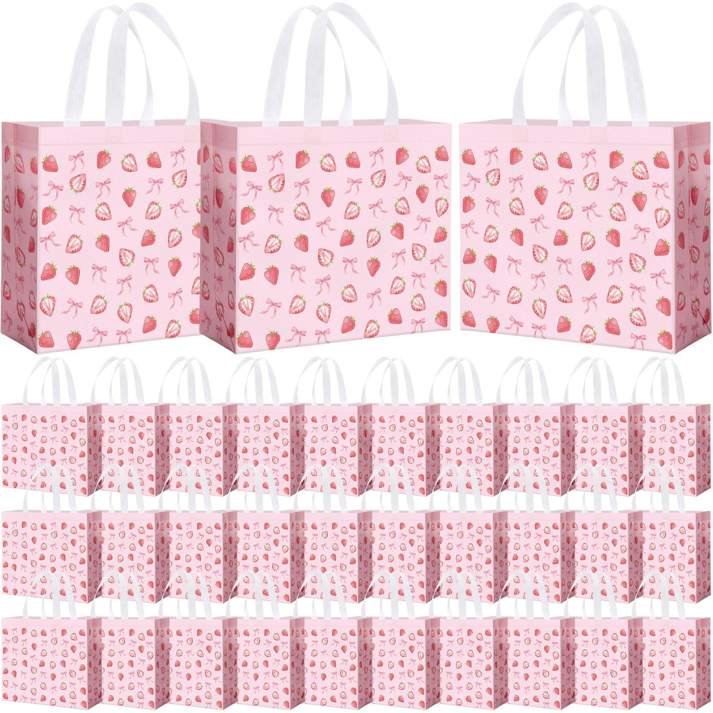 Abbylike 30 Pack Strawberry Bow Reusable Gift Bag Bulk Large Pink Bow and Sweet Strawberry Print Shopping Bag Tote Non Woven Tote for Women Wedding Birthday Baby Shower, 12.2 x 11.02 x 4.72 Inches