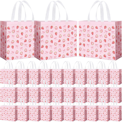 Abbylike 30 Pack Strawberry Bow Reusable Gift Bag Bulk Large Pink Bow and Sweet Strawberry Print Shopping Bag Tote Non Woven Tote for Women Wedding Birthday Baby Shower, 12.2 x 11.02 x 4.72 Inches