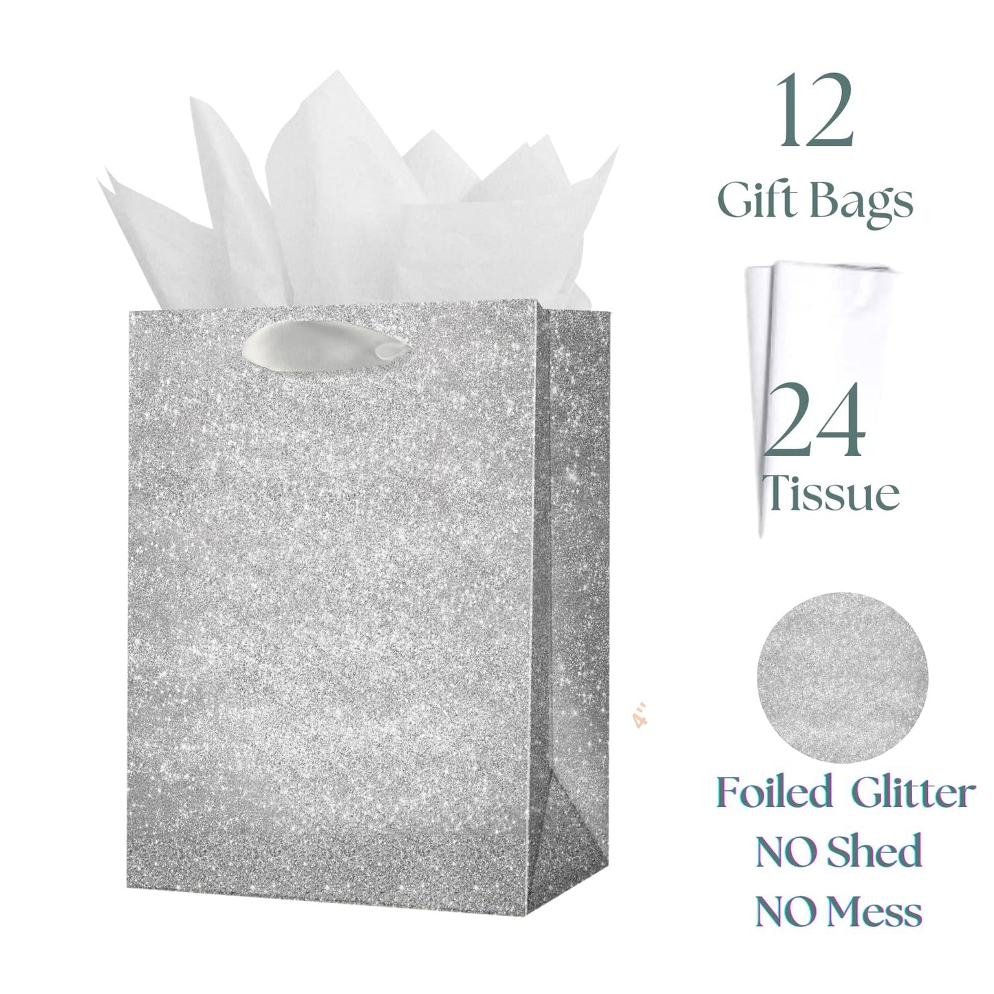 UNIQOOO 12Pcs Embossed Silver Glitter Christmas Gift Bags with 24 Tissue Paper Bulk, M 9x7 Inch, Xmas Silver Gift Wrap Bags, Wedding Bridal Baby Shower Favor Bag Gift Packaging, Birthday Holiday Party