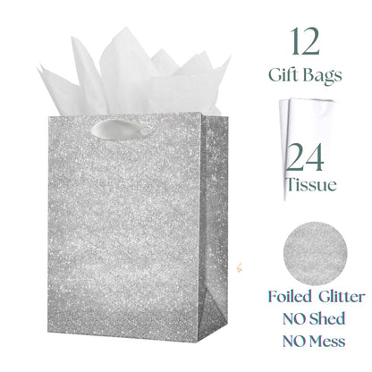 UNIQOOO 12Pcs Embossed Silver Glitter Christmas Gift Bags with 24 Tissue Paper Bulk, M 9x7 Inch, Xmas Silver Gift Wrap Bags, Wedding Bridal Baby Shower Favor Bag Gift Packaging, Birthday Holiday Party