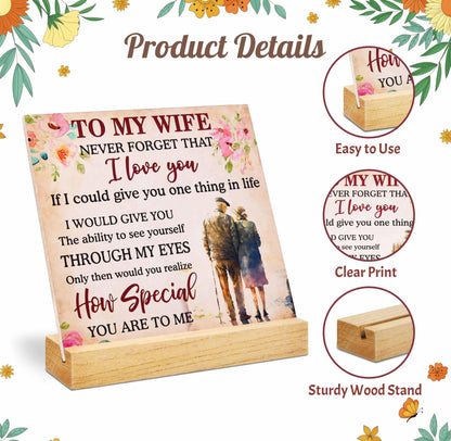 Romantic Gift for Wife Plaque with Wooden Stand, Love Quote Sign for Wife, Anniversary Birthday Valentine’s Day Christmas Gift for Her Decor