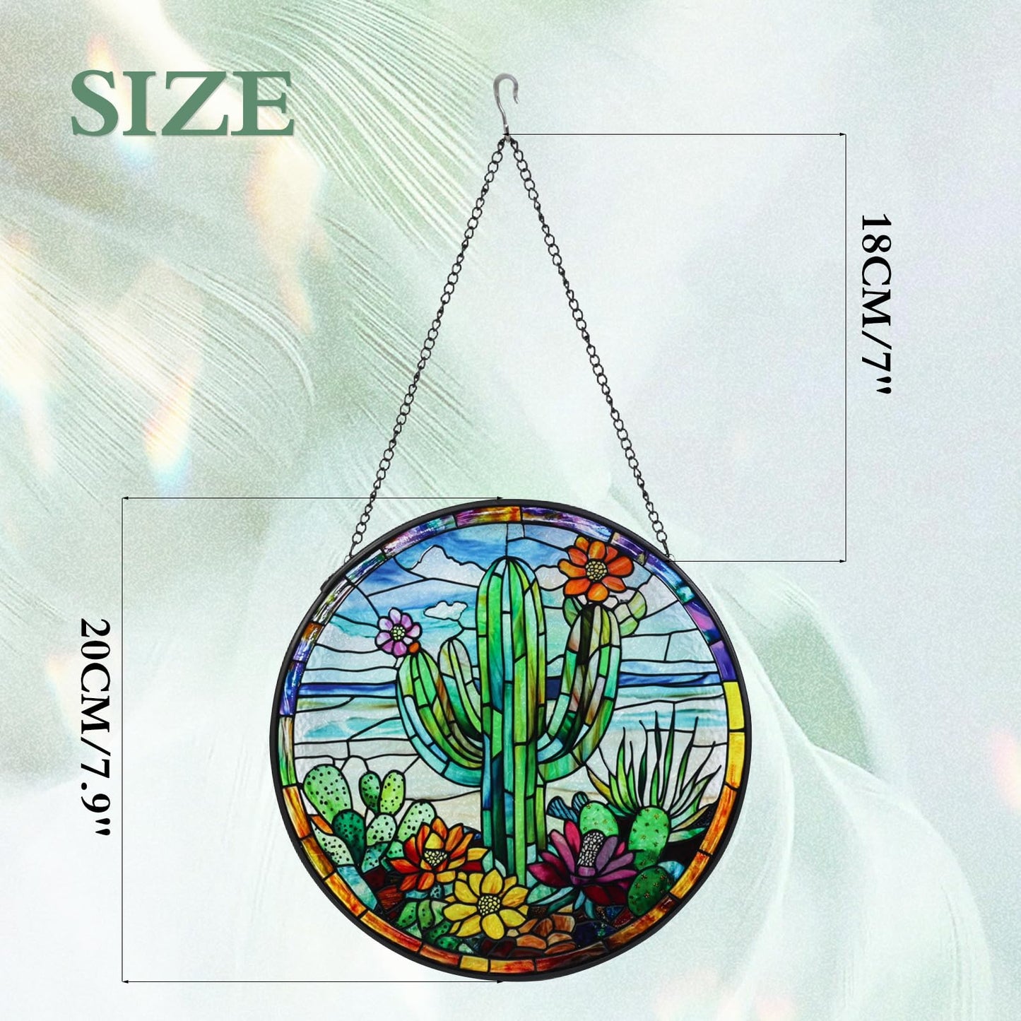 Cactus Stained Glass Window Hanging Suncatcher with Chain - 7.9" Arizona Outdoor/Indoor Art Decor for Home Garden, Thanksgiving, Wedding, Mother's, Valentine's & Christmas Ornaments Present