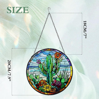 Cactus Stained Glass Window Hanging Suncatcher with Chain - 7.9" Arizona Outdoor/Indoor Art Decor for Home Garden, Thanksgiving, Wedding, Mother's, Valentine's & Christmas Ornaments Present