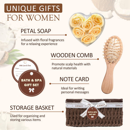 Mothers Day Gifts For Women - 16 PCS Birthday Gift Basket for Women Set of Coconut Vanilla Self Pampering Set, Includes Luxurious Home Spa Shower Gel Bubble Bath