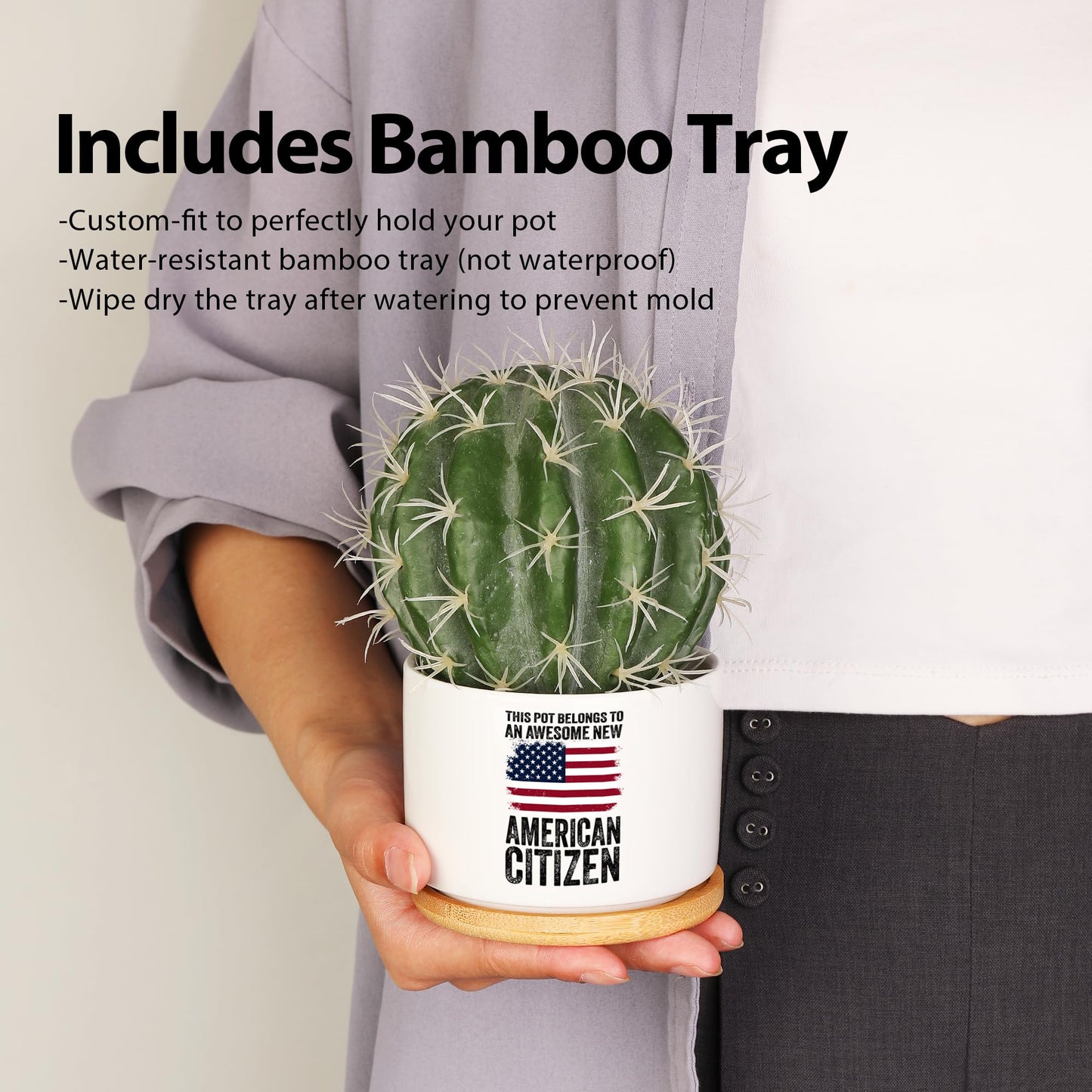 This Pot Belongs to an Awesome New American Citizen Ceramic Succulent Plant Pot with Bamboo Tray Round Citizenship Gifts American Flag Plant Lover Gifts Home Decor 3.5 Inch White (No Plants)