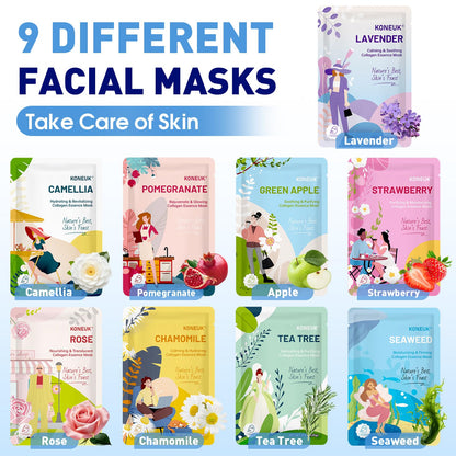 KONEUK 9 Pack Hydrating Face Masks Skincare, Bulk Sheet Face Mask for Dry Skin, Collagen Facial Masks Spa Gifts for Women Skin Care, Mothers Day Gifts for Mom, Teacher Gifts and Nurse Gifts