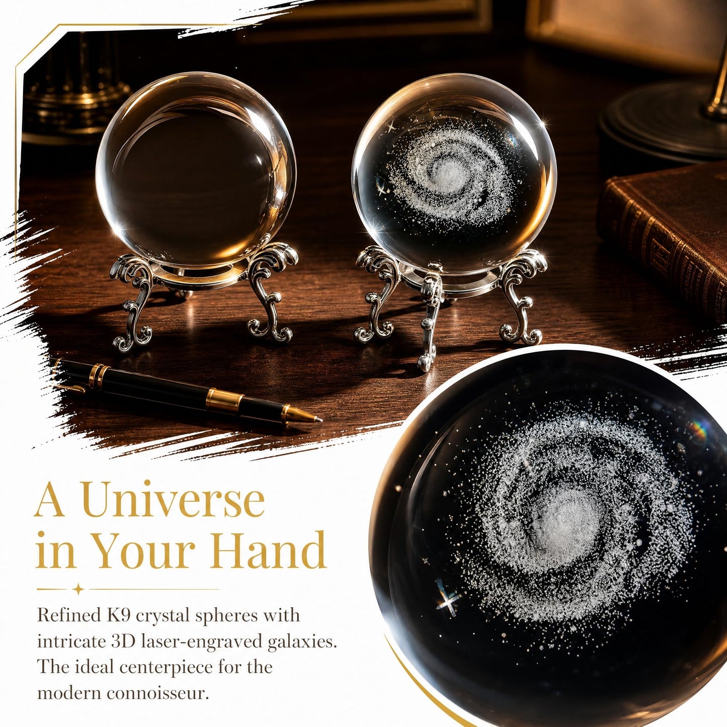 2-Piece 3D Laser Engraved Galaxy Crystal Balls with Silver Stand, and Clear Glass Sphere Paper Weights, Universe Nebula Decor for Home, Gift for Astronomy Lovers, Men, Women