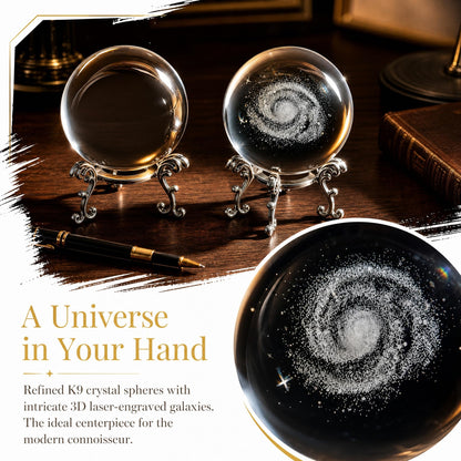 2-Piece 3D Laser Engraved Galaxy Crystal Balls with Silver Stand, and Clear Glass Sphere Paper Weights, Universe Nebula Decor for Home, Gift for Astronomy Lovers, Men, Women
