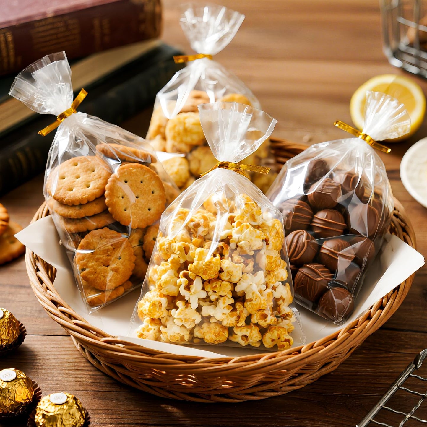 Toosci 8" x 11" Clear Cellophane Treat Bags with Bottom Gusset & Twist Ties – for Baked Goods, Cookies, Candies, Chocolates, Popcorn & Gift Packaging (50 Pcs, 2 mils)