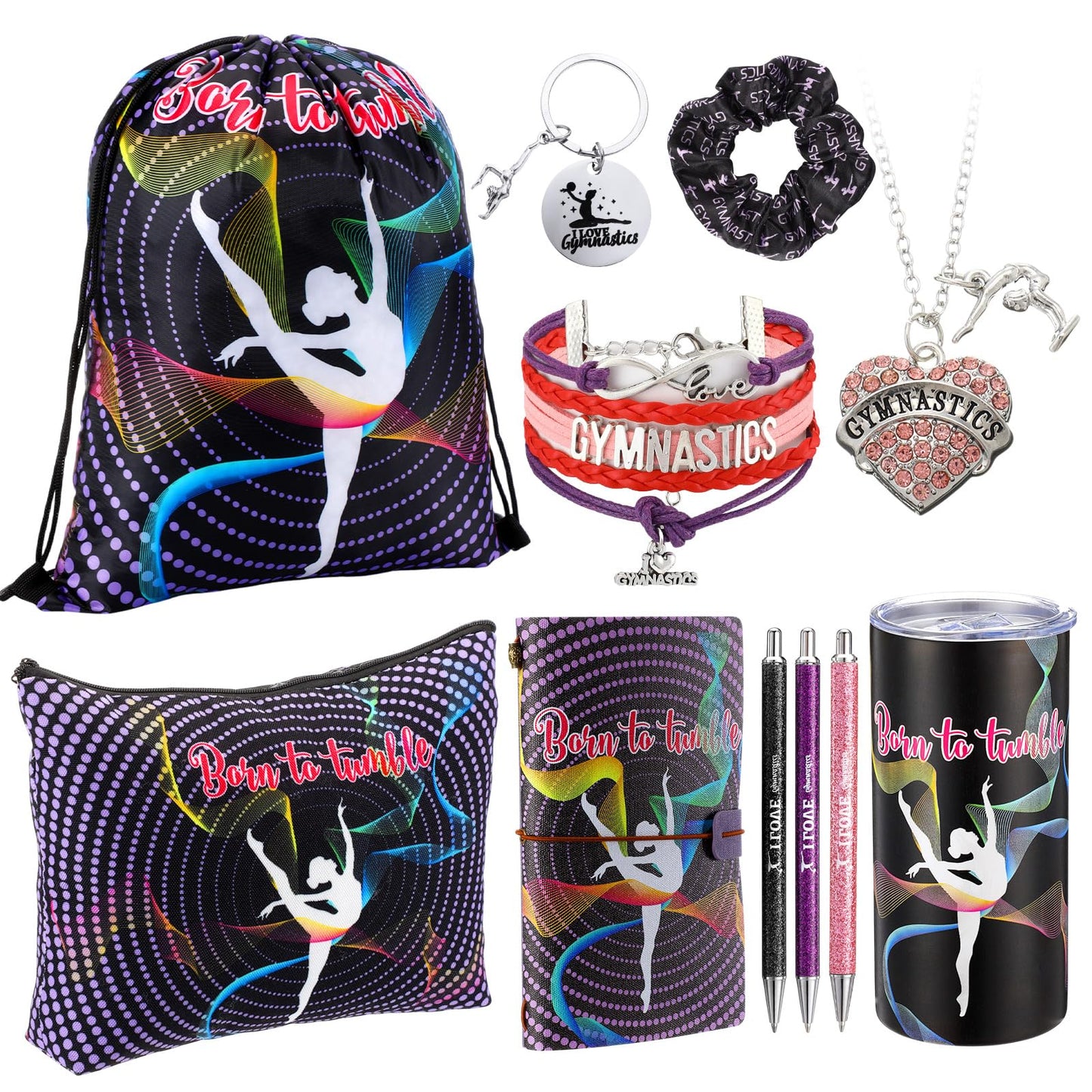 Patelai 11 Pack Gymnastics Gifts Set Gymnastics Drawstring Bag Hairband Bracelet Necklace Makeup Bag Keychain 15 oz Tumbler Cup with Lid Gym Gymnast Party Favors