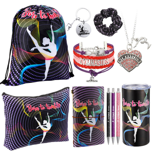 Patelai 11 Pack Gymnastics Gifts Set Gymnastics Drawstring Bag Hairband Bracelet Necklace Makeup Bag Keychain 15 oz Tumbler Cup with Lid Gym Gymnast Party Favors