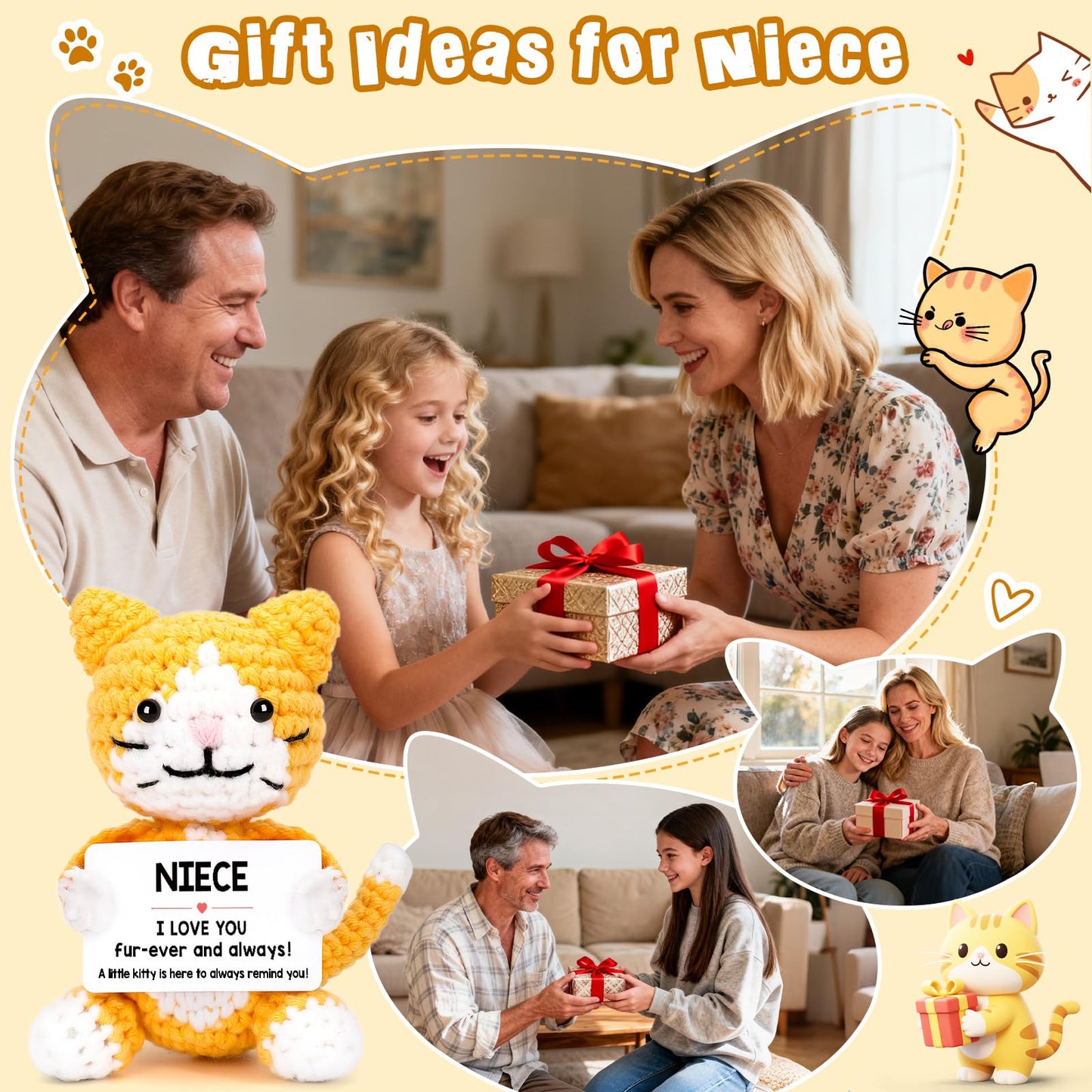 Funny Cat Mothers Day Niece Gifts from Auntie Aunt Uncle, Birthday Graduation Gifts for Niece Adult Kid Teen, Mini Cute Cool Stuff Things I Love You Presents, Small Emotional Positive Crochet Cat