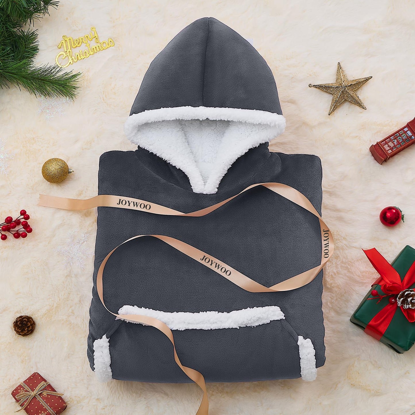 JOYWOO Wearable Blanket Hoodie, Birthday Gifts for Women Men Mom, Oversized Hooded Blanket for Adult, Cozy Fuzzy Sherpa Sweatshirt Blanket with Giant Pocket,Grey