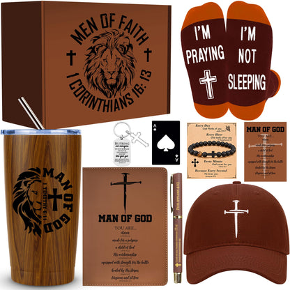 JTAMOHI 10 Pcs Christian Gifts for Men, Inspirational Religious Catholic Faith Spiritual Gift with 20 Oz Tumbler Hat Socks Bible Verses Leather Journal Pen Keychain for Dad, Husband, Grandpa, Friends