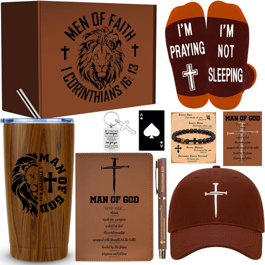 JTAMOHI 10 Pcs Christian Gifts for Men, Inspirational Religious Catholic Faith Spiritual Gift with 20 Oz Tumbler Hat Socks Bible Verses Leather Journal Pen Keychain for Dad, Husband, Grandpa, Friends