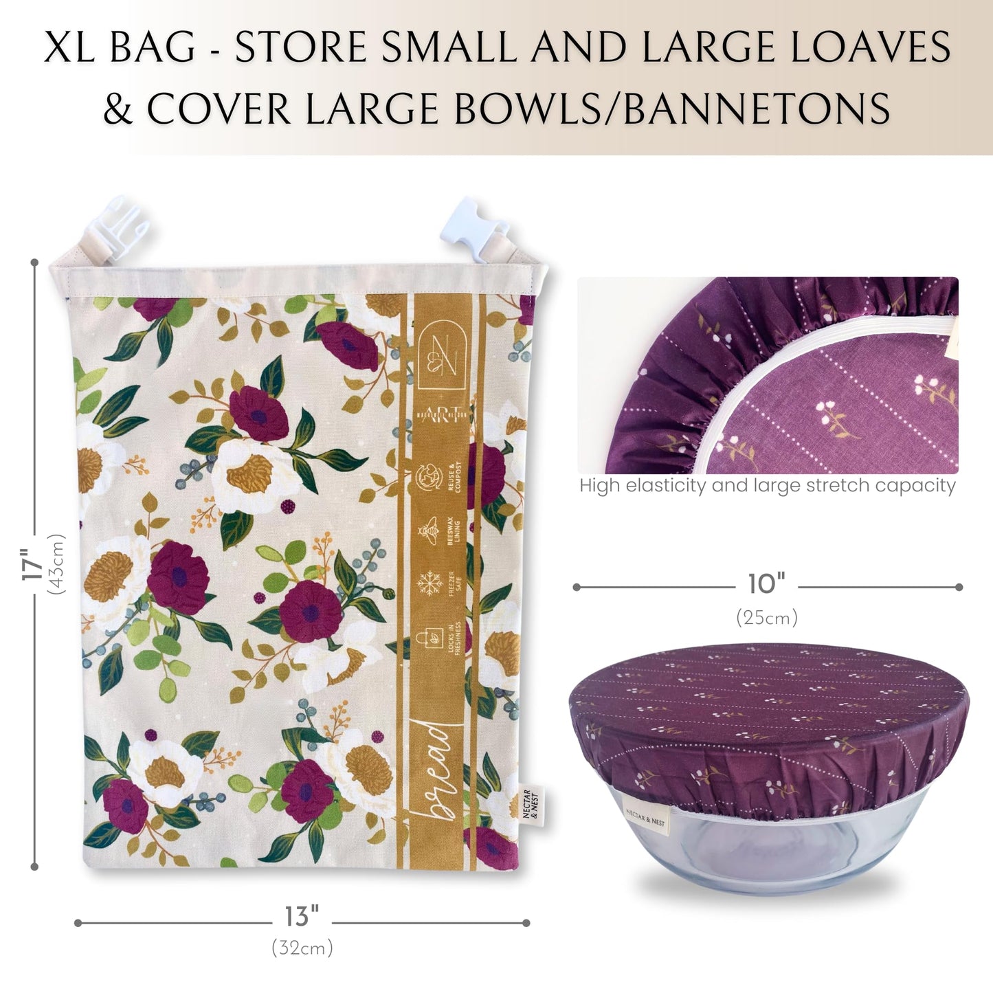 Nectar & Nest Bread Baker Set, Reusable Beeswax Bread Bags for Homemade Bread, Sourdough Bag, Organic Cotton Beeswax Bowl Cover, Limited-Edition Artist Series (December Blooms by Mackenzie Nelson Art)