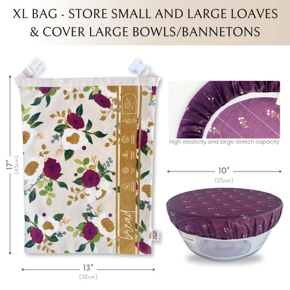 Nectar & Nest Bread Baker Set, Reusable Beeswax Bread Bags for Homemade Bread, Sourdough Bag, Organic Cotton Beeswax Bowl Cover, Limited-Edition Artist Series (December Blooms by Mackenzie Nelson Art)