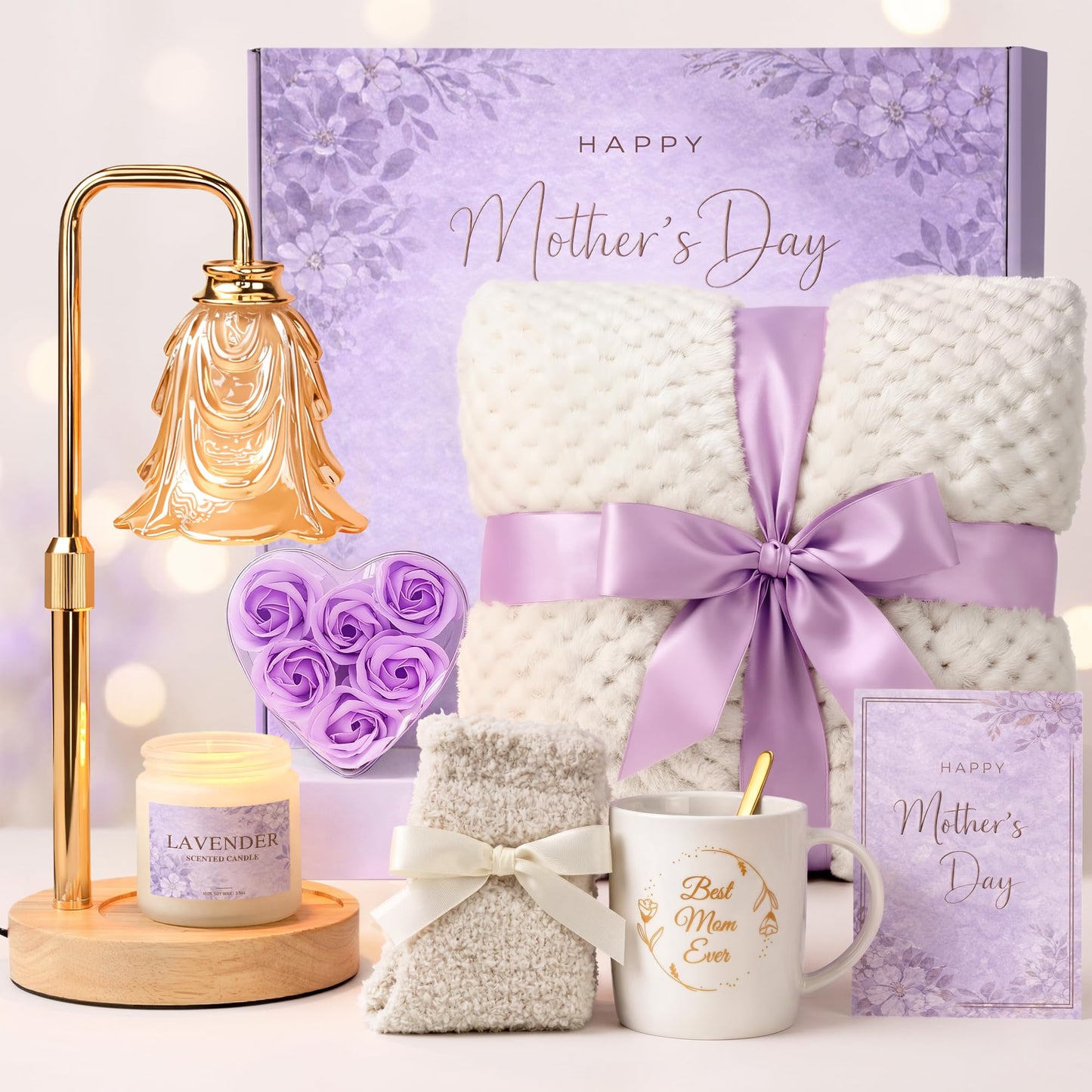 Mothers Day Gifts for Mom - Mother's Day Moms Gifts from Daughter Son Best Mom Ever 2026 - Happy Mothers Birthday Gift Ideas with Candle Warmer Lamp - Gift Basket Care Package for Women Mama Grandma