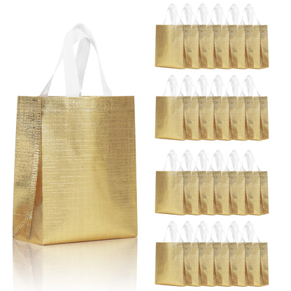 cabzymx Gold Small Reusable Gift Bags with Metallic Design, 25 Pcs Return Gift Bag Bulk for Wrapping Gifts, Birthday, Wedding, Parties-10.2x3.9x8.3 In