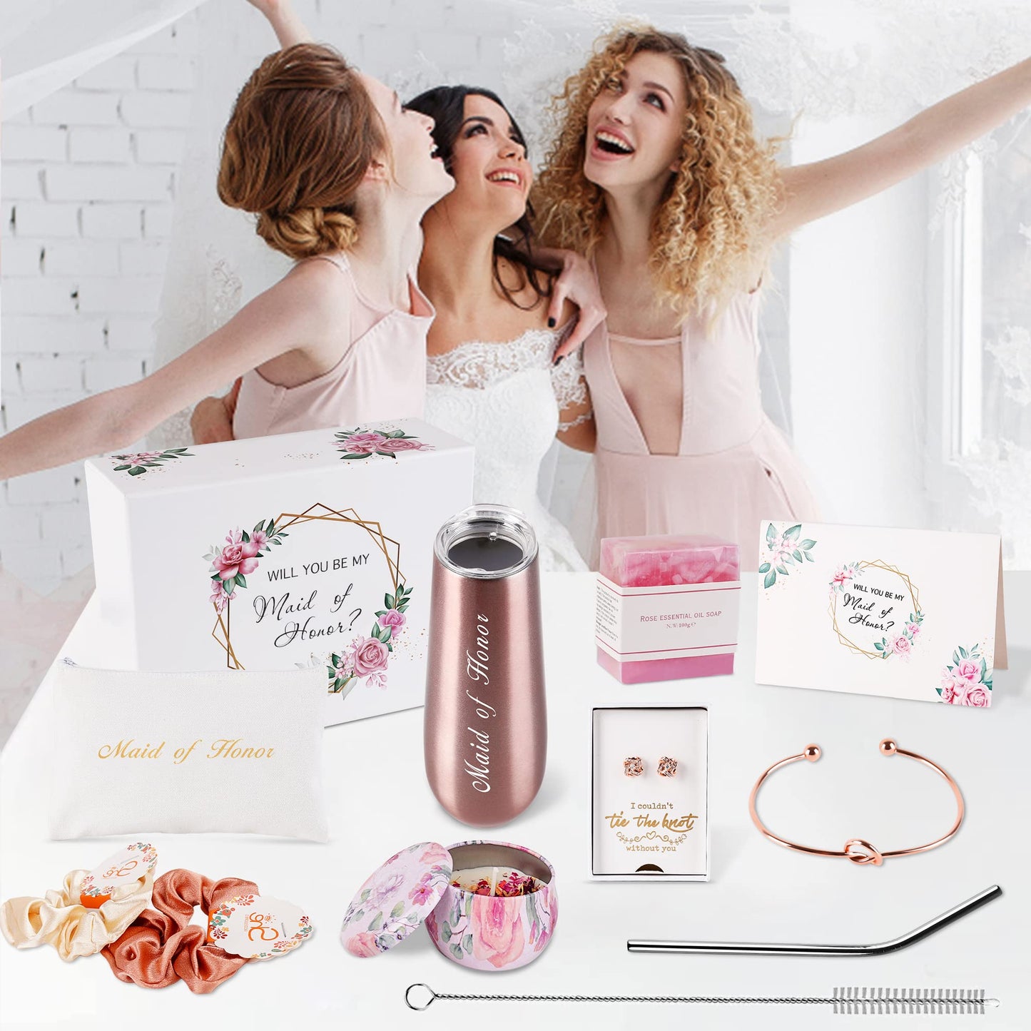 DHQH Maid of Honor Proposal Gift Box - Rose Gold Stemless Stainless Steel Champagne Glasses，Will You Be My Maid of Honor