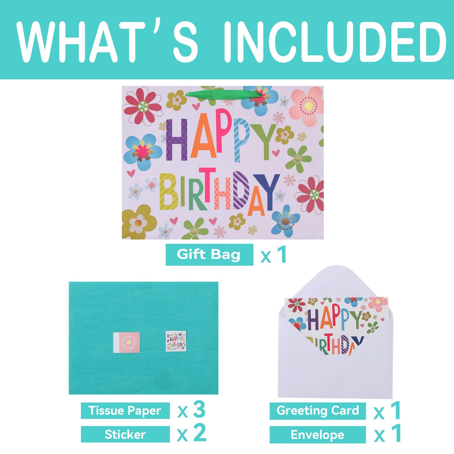 Qirrmiy 16.5” Extra Large Colorful Happy Birthday Gift Bag Set with Handles, Greeting Card, Tissue Papers and Stickers for Kids, Women, Girls, Newborn, New Moms or Parents, 1 Pcs