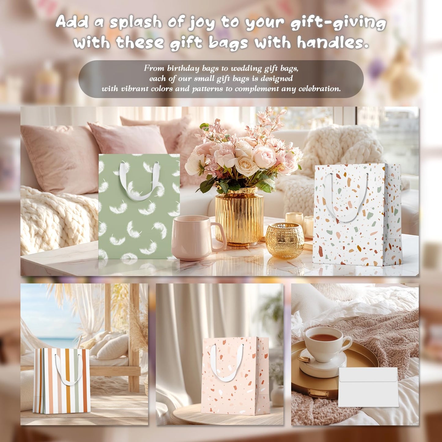 slapaflife Gift Bags Medium Size, Tissue Paper for Gift Bags Incl.Cards & Self-adhesive Envelope - Reusable & For Birthday, Mothers Day, Wedding, Baby Shower and Any Occasion.(4 Pack- 9")