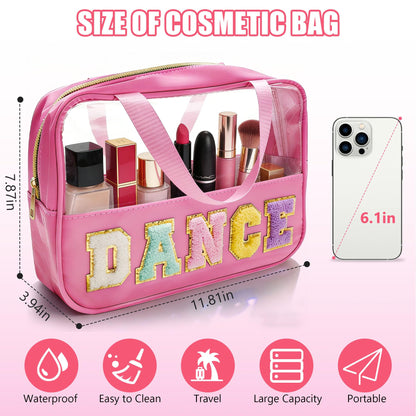 Dance Makeup Bag, Dance Recital Gifts for Girl Women, Chenille Letter Patch Clear Ballet Cosmetic Bag with Handle and Zipper, Waterproof Nylon Travel Toiletry Make Up Bag, Dance Competition Must Haves